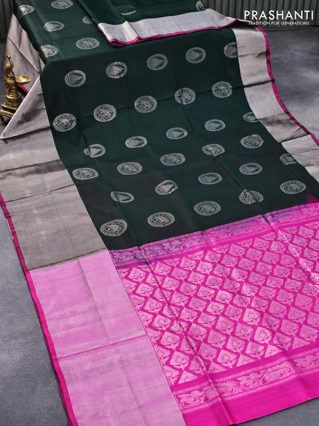 Pure uppada silk saree green and pink with silver zari woven buttas and long silver zari woven border