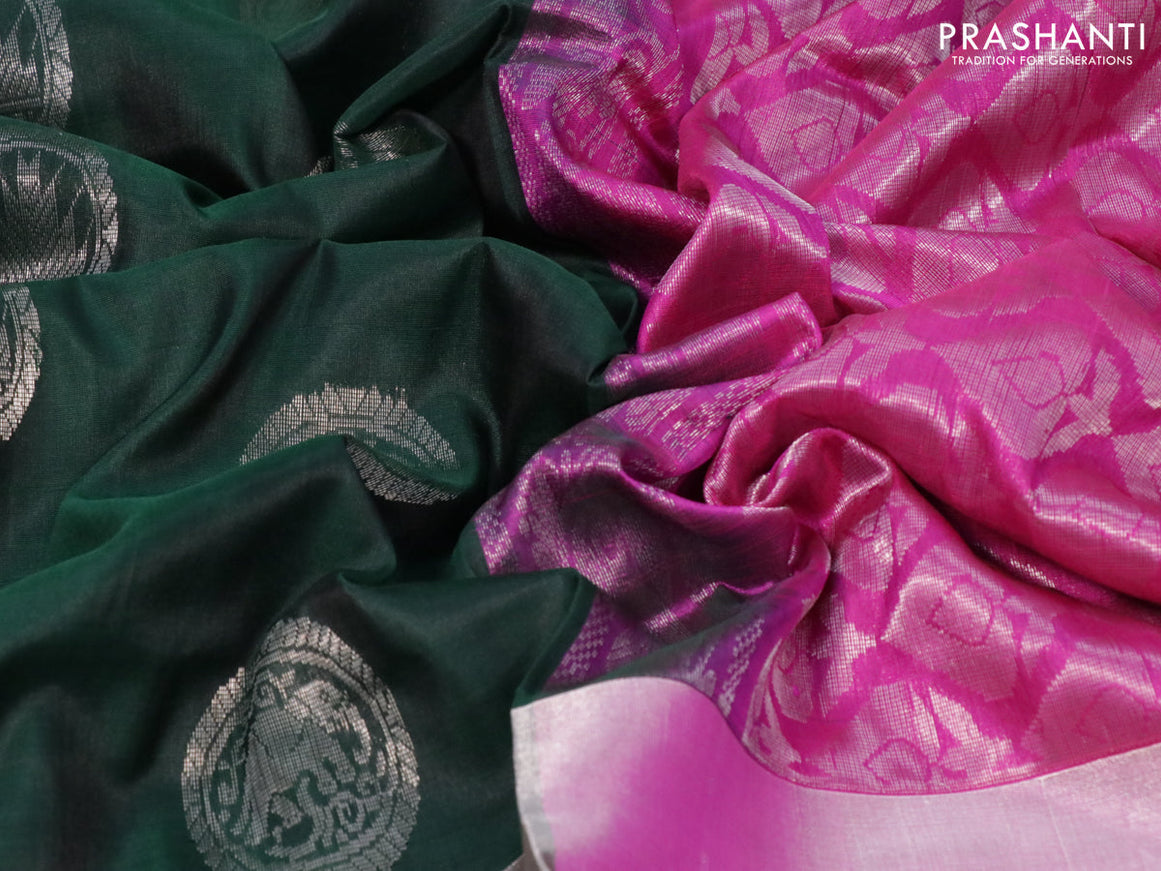 Pure uppada silk saree green and pink with silver zari woven buttas and long silver zari woven border
