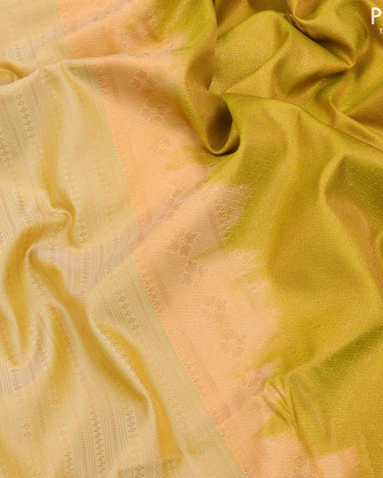 Semi soft silk saree pale yellow and lime green with allover copper zari weaves and copper zari woven border
