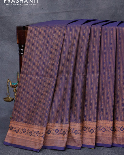 Semi soft silk saree navy blue and lime green with allover copper zari weaves and copper zari woven border