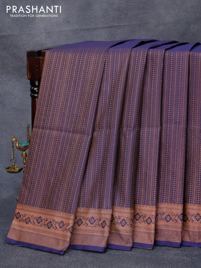 Semi soft silk saree navy blue and lime green with allover copper zari weaves and copper zari woven border