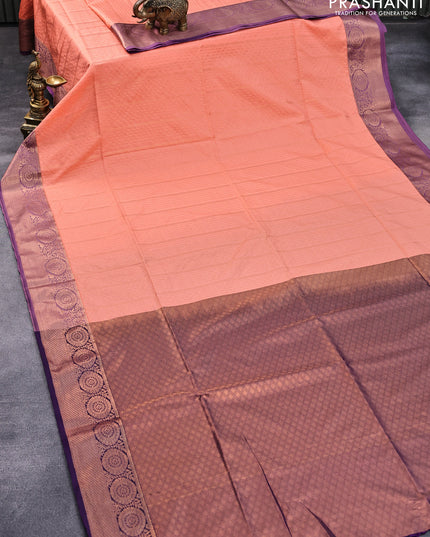 Semi soft silk saree peach orange and deep violet with allover zari weaves and copper zari woven border
