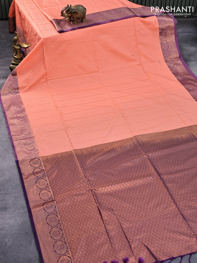 Semi soft silk saree peach orange and deep violet with allover zari weaves and copper zari woven border