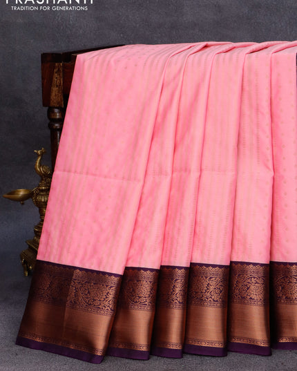 Semi soft silk saree light pink and deep violet with allover zari weaves and zari woven border