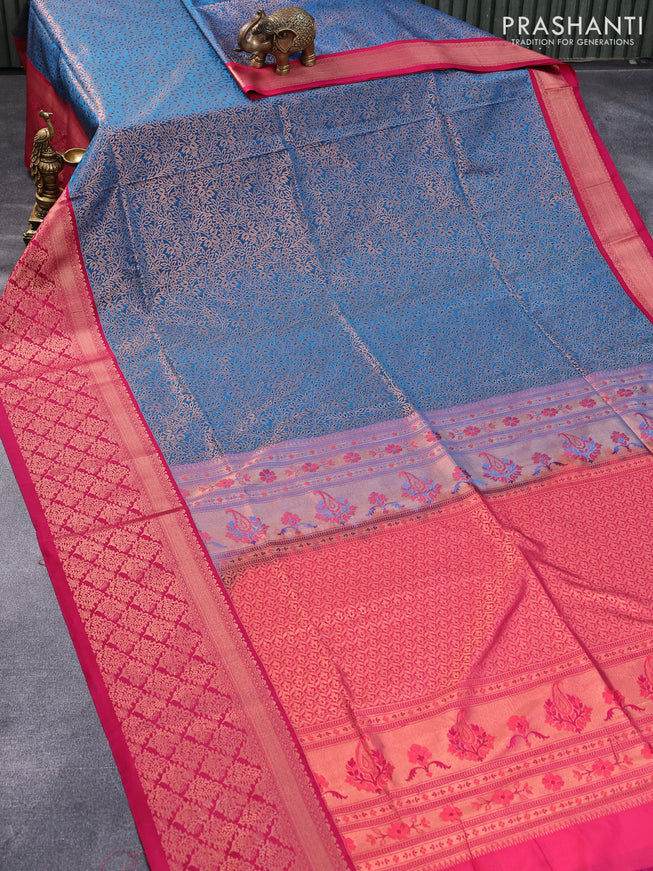 Semi soft silk saree peacock blue and pink with allover copper zari woven brocade weaves and long rich copper zari woven border