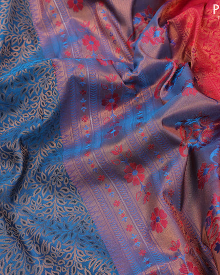 Semi soft silk saree peacock blue and pink with allover copper zari woven brocade weaves and long rich copper zari woven border