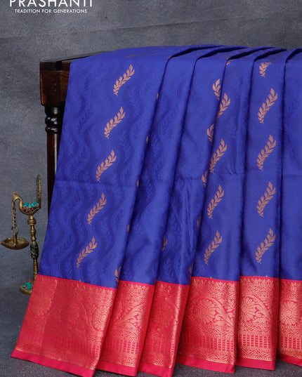 Semi soft silk saree blue and pink with allover self emboss & copper zari weaves and rich zari woven border