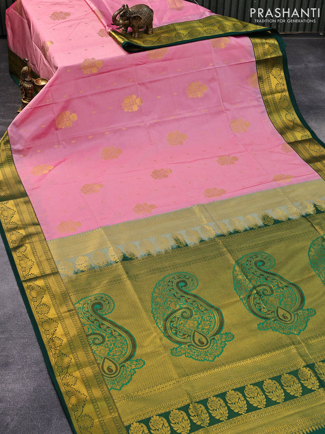 Semi soft silk saree light pink and green with zari woven buttas and zari woven border