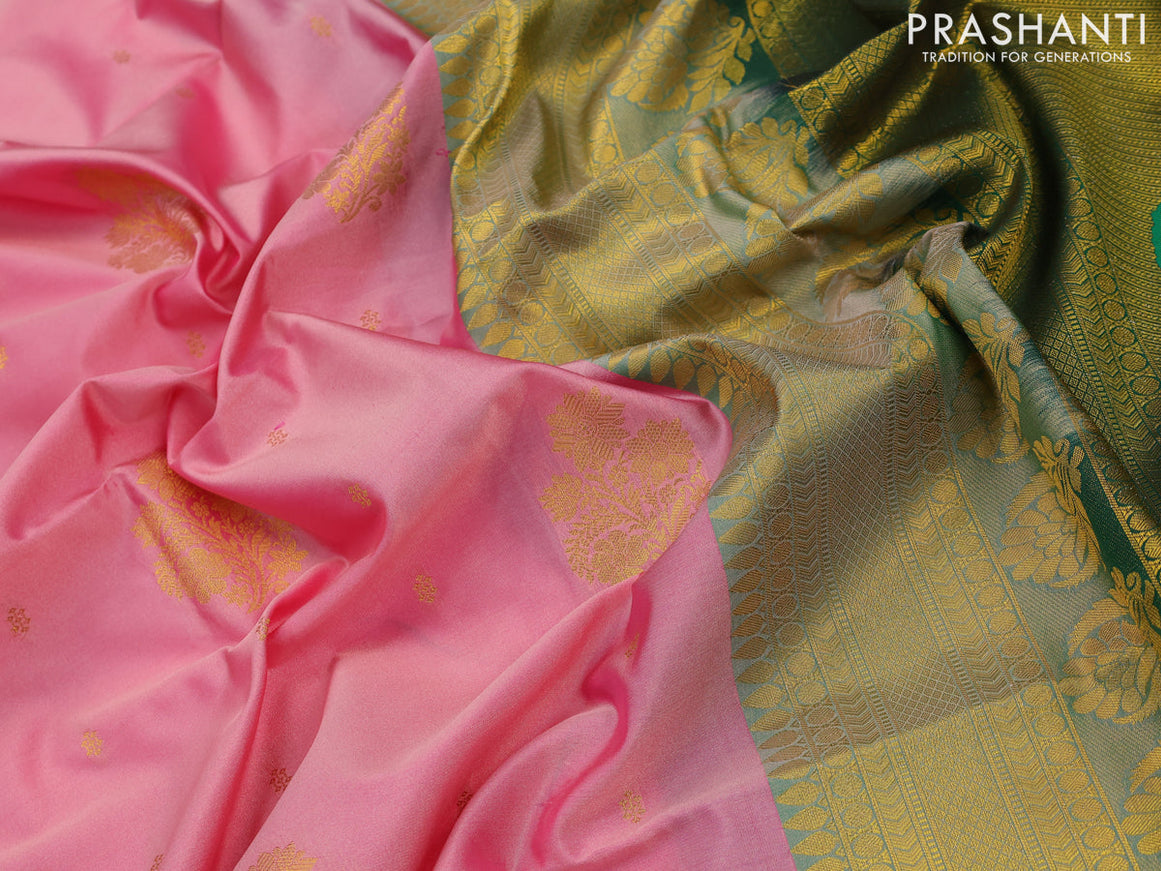 Semi soft silk saree light pink and green with zari woven buttas and zari woven border