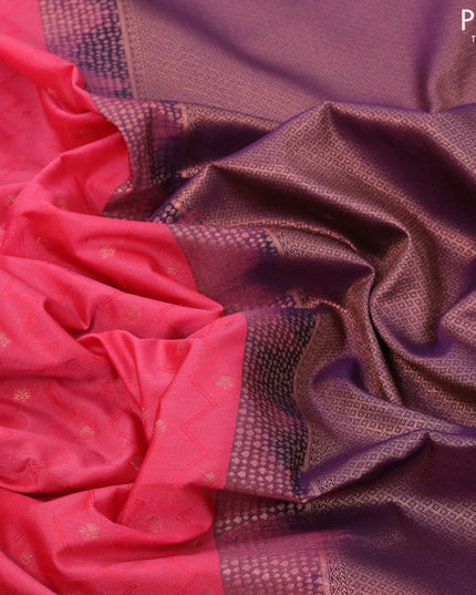 Semi soft silk saree dual shade of pink and deep violet with allover self emboss & copper zari woven buttas and copper zari woven border