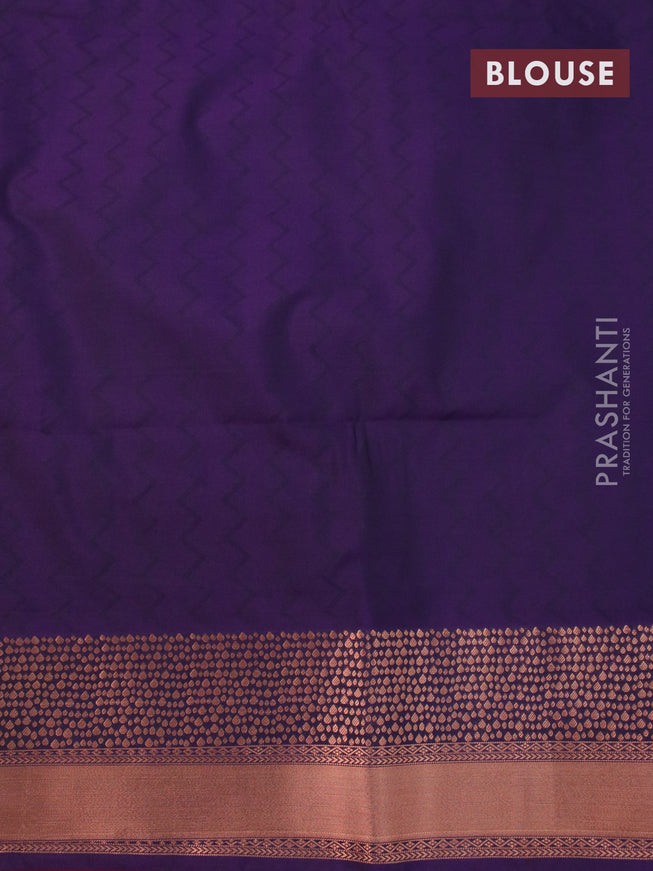 Semi soft silk saree dual shade of pink and deep violet with allover self emboss & copper zari woven buttas and copper zari woven border