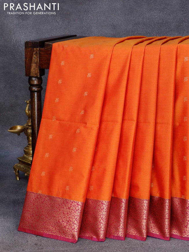 Semi soft silk saree sunset orange and deep purple with copper zari woven buttas and copper zari woven border