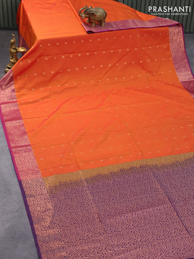 Semi soft silk saree sunset orange and deep purple with copper zari woven buttas and copper zari woven border