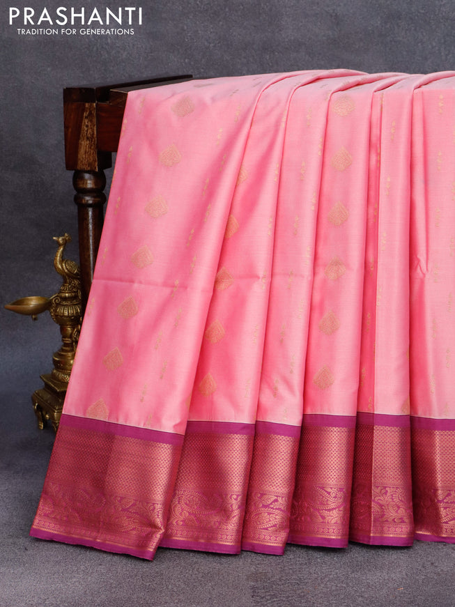 Semi soft silk saree light pink shade and violet with allover zari woven butta weaves and copper zari woven border