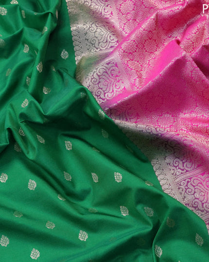 Semi soft silk saree green and pink with allover zari woven butta weaves and long zari woven border