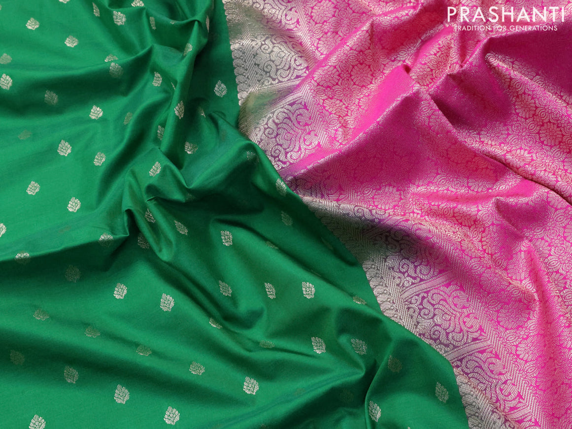 Semi soft silk saree green and pink with allover zari woven butta weaves and long zari woven border