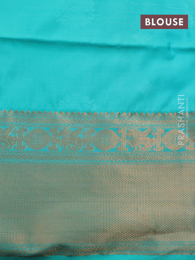 Semi soft silk saree sandal and teal green with copper zari woven buttas and copper zari woven border