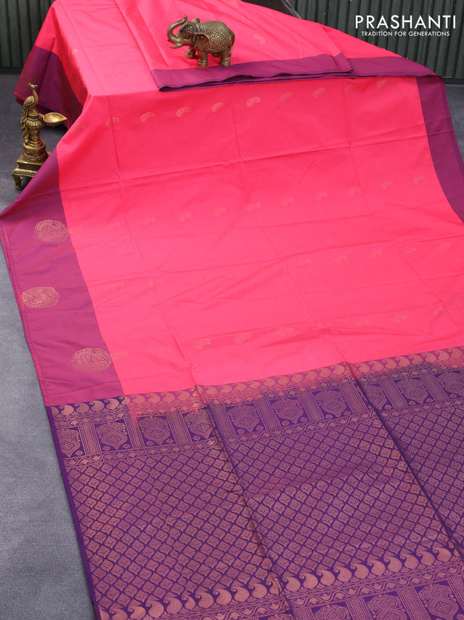 Semi soft silk saree pink and deep violet with paisley zari woven buttas and annam zari woven butta border