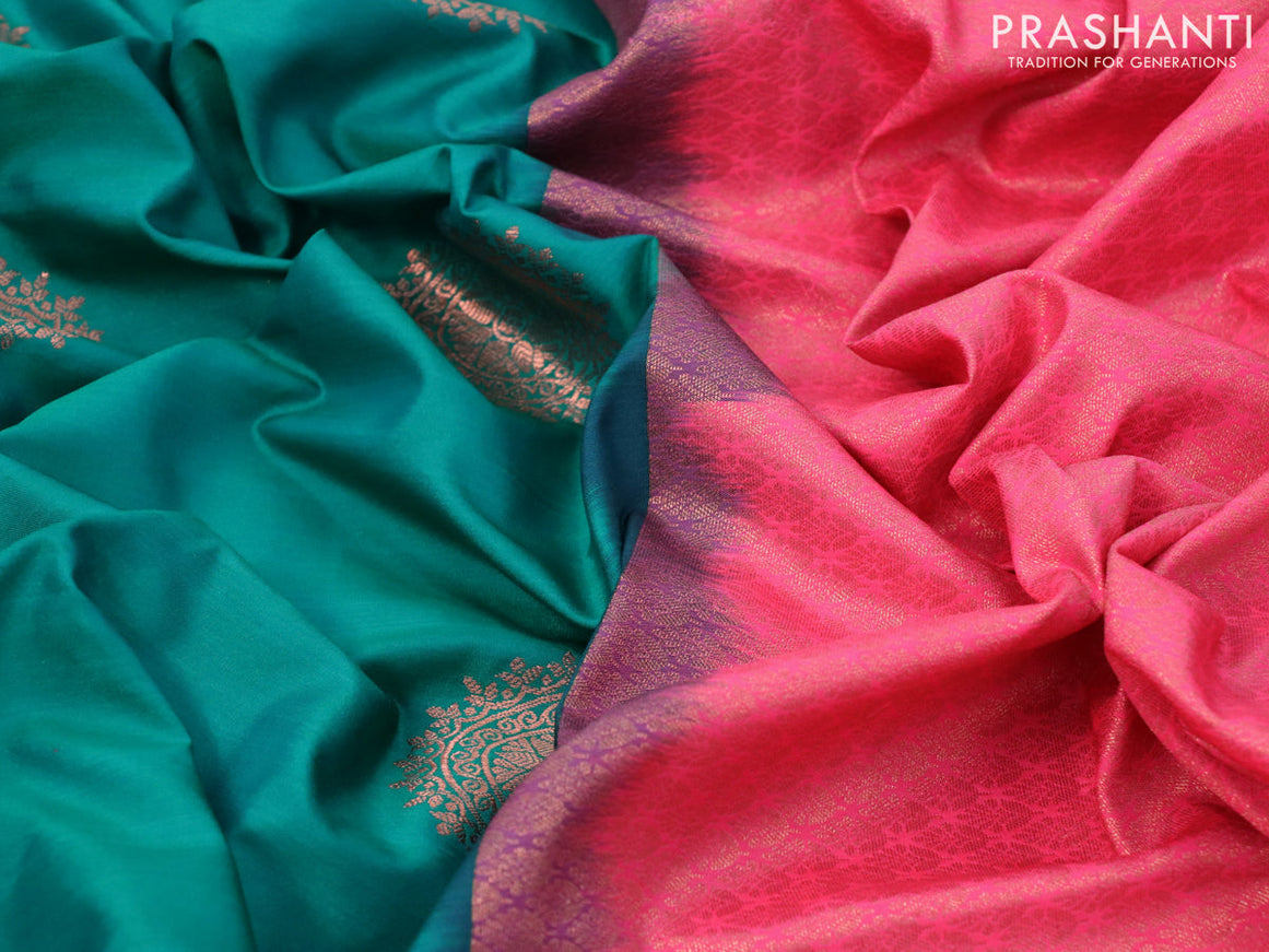 Semi soft silk saree teal green and candy pink with copper zari woven buttas and copper zari woven border