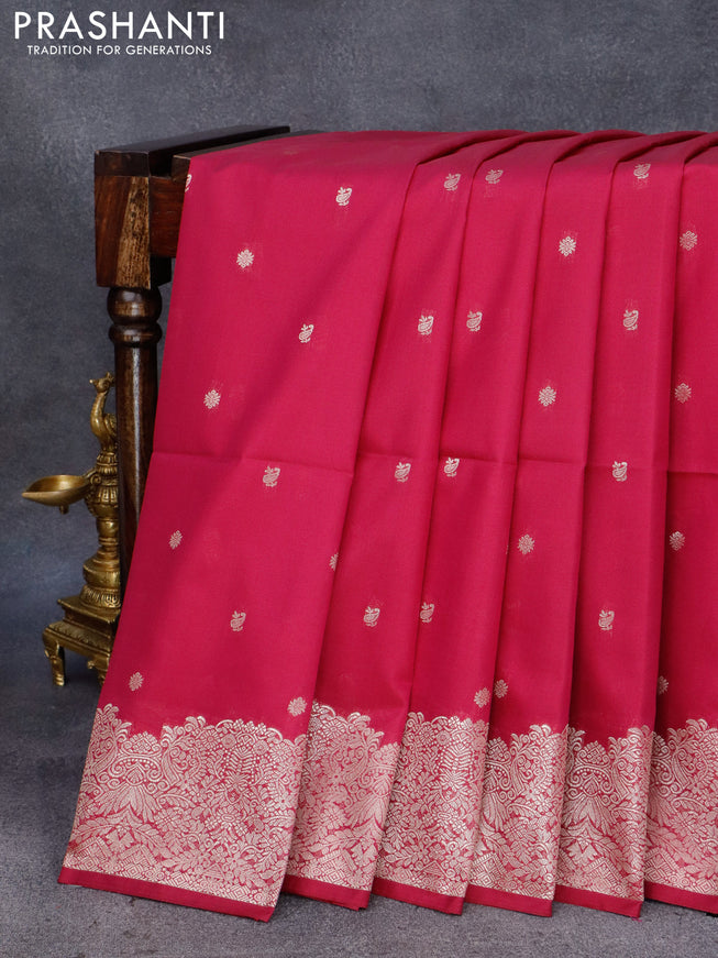 Semi soft silk saree magenta pink and green with zari woven buttas and zari woven border
