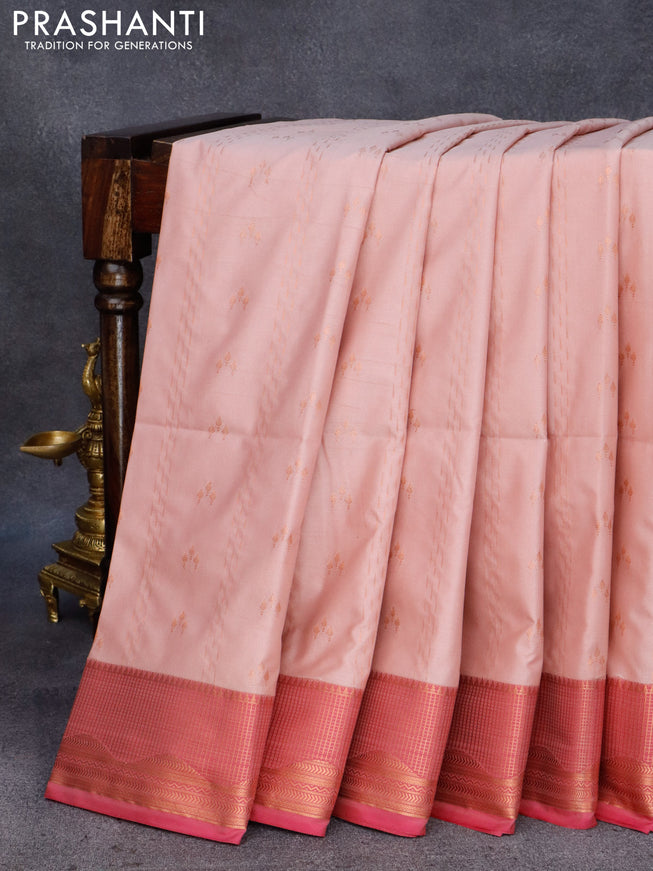 Semi soft silk saree pastel pink and dual shade of pinkish orange with allover copper zari woven buttas and copper zari woven border