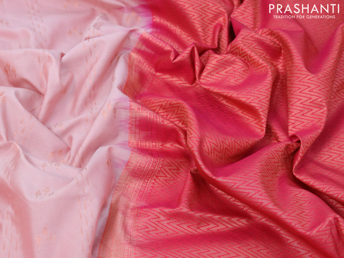 Semi soft silk saree pastel pink and dual shade of pinkish orange with allover copper zari woven buttas and copper zari woven border