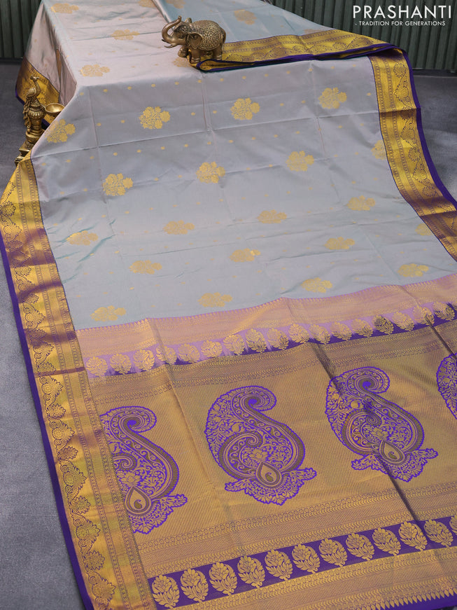 Semi soft silk saree greyish green and blue with zari woven floral buttas and zari woven border