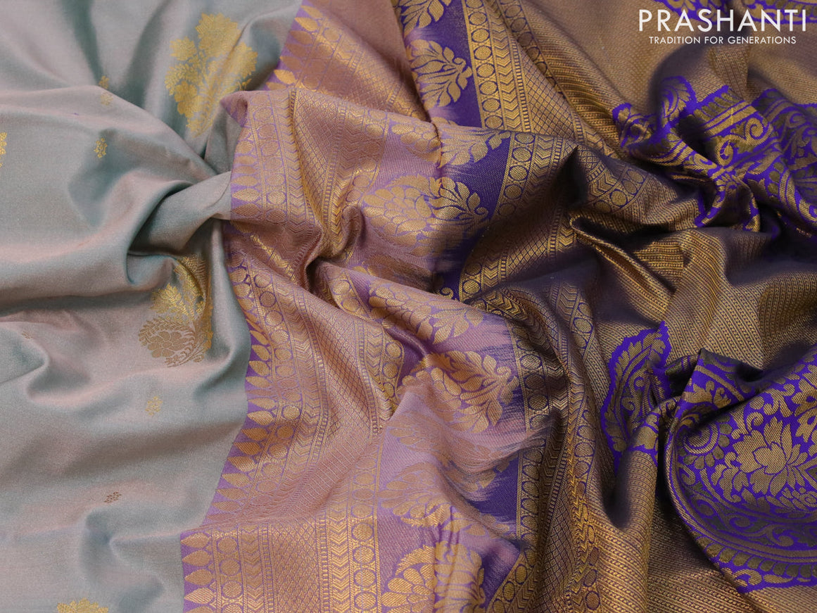 Semi soft silk saree greyish green and blue with zari woven floral buttas and zari woven border