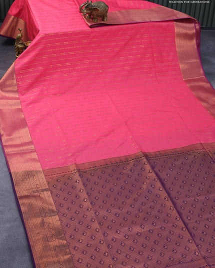 Semi soft silk saree pink shade and deep violet with allover zari weaves and copper zari woven border