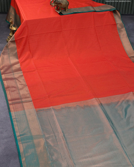 Semi soft silk saree orange and dual shade of green with allover self emboss & zari weaves and zari woven border