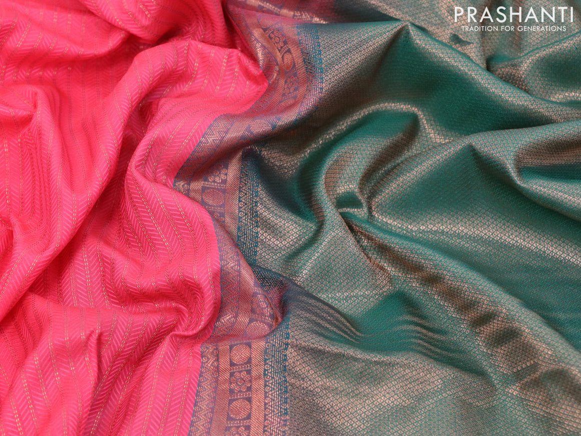 Semi soft silk saree candy pink and dual shade of teal green with allover self emboss & zari weaves and zari woven border