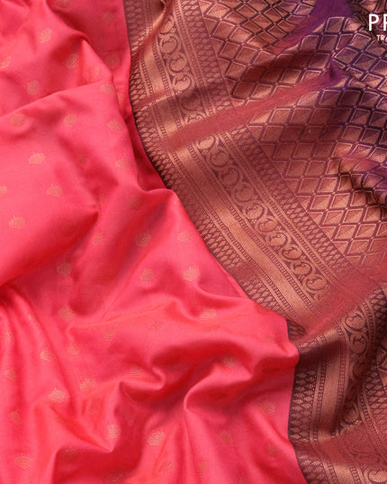 Semi soft silk saree candy pink and deep violet with allover copper zari woven butta weaves and zari woven border