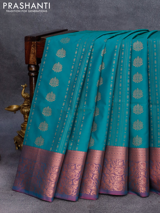 Semi soft silk saree teal green and dual shade of pink with allover zari weaves & buttas and zari woven border