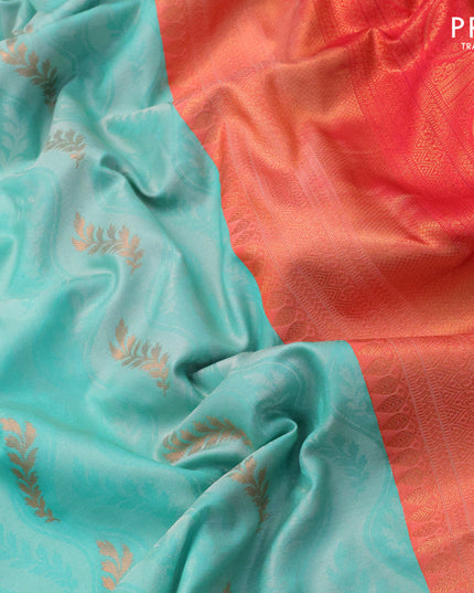 Semi soft silk saree teal blue and dual shade of pinkish orange with allover self emboss & zari buttas and zari woven border