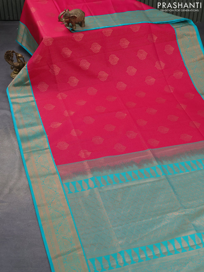 Semi soft silk saree pink and teal blue with allover zari woven brocade weaves and zari woven border