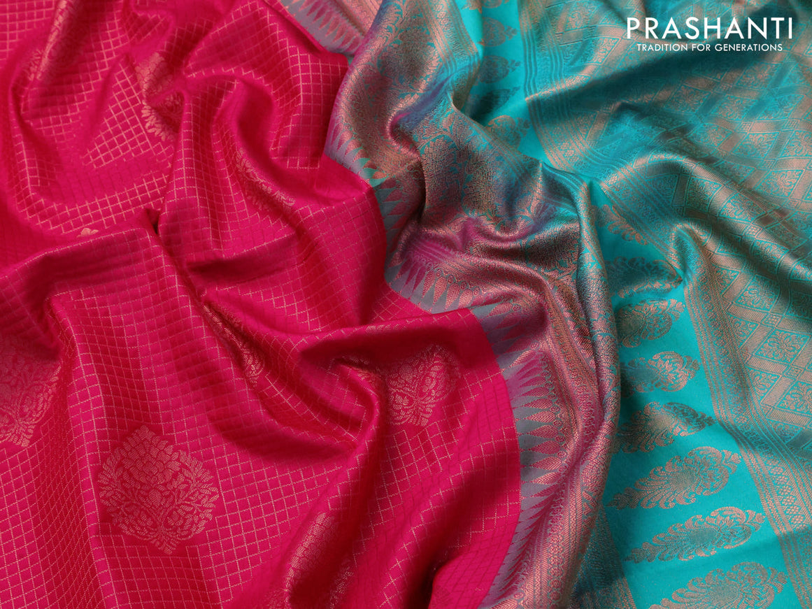 Semi soft silk saree pink and teal blue with allover zari woven brocade weaves and zari woven border