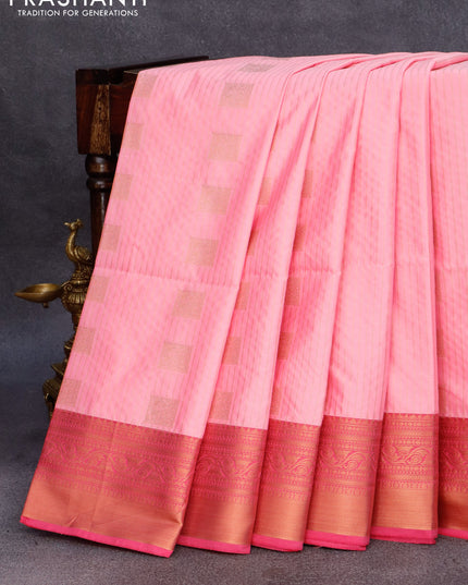 Semi soft silk saree light pink and dual shade of pinkish orange with allover zari stripes & buttas and copper zari woven border