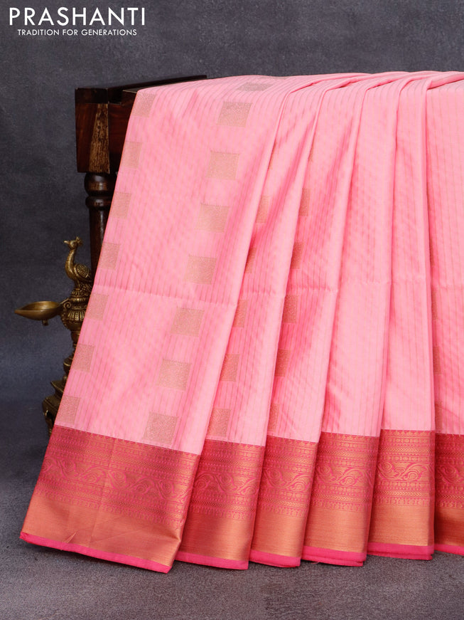 Semi soft silk saree light pink and dual shade of pinkish orange with allover zari stripes & buttas and copper zari woven border