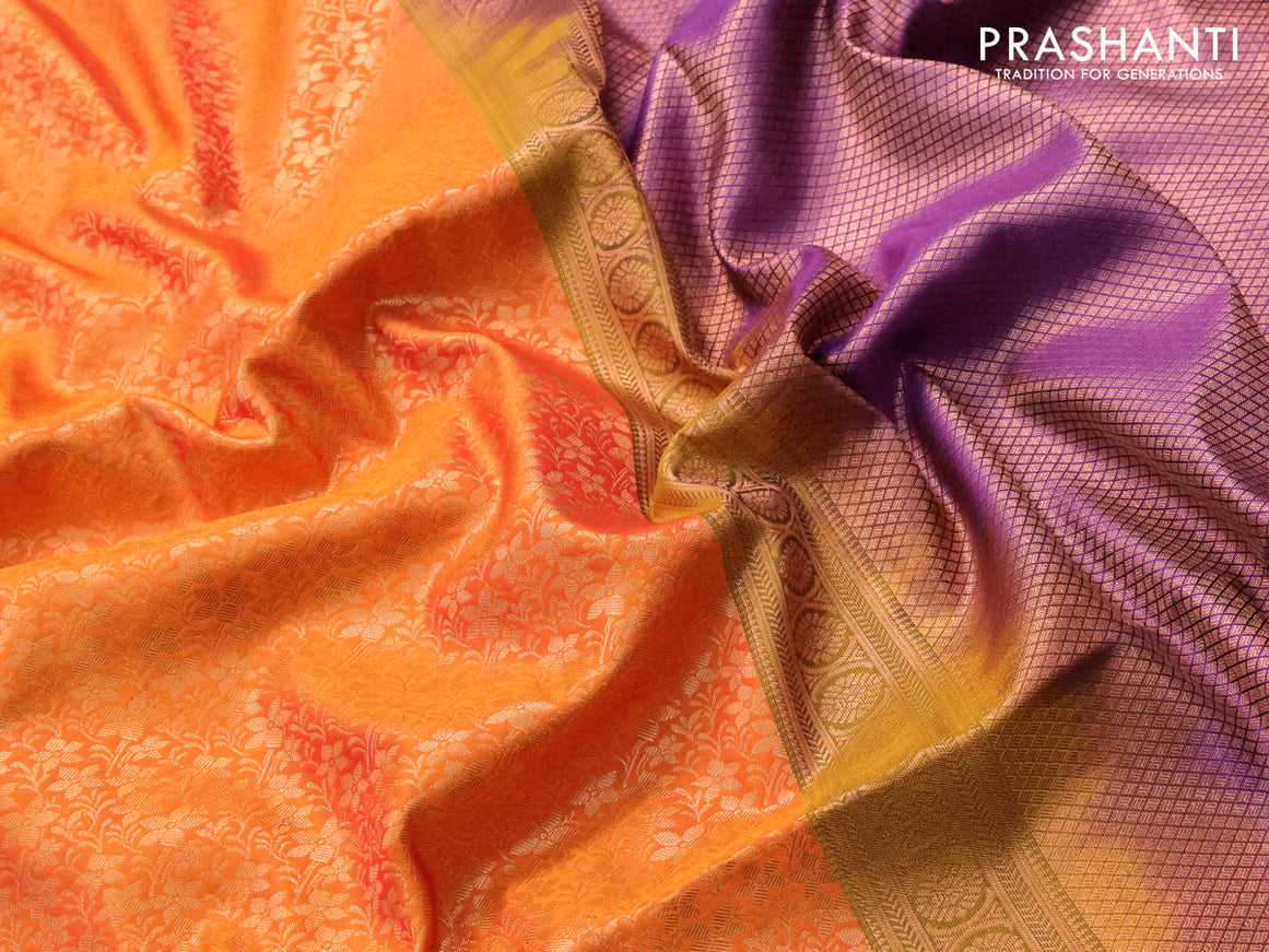 Semi soft silk saree orange and deep violet with allover copper zari woven brocade weaves and copper zari woven border