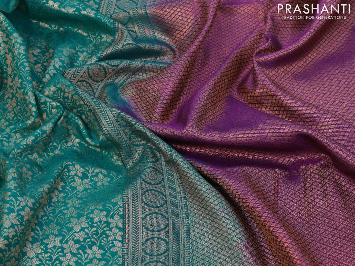 Semi soft silk saree teal blue and violet with allover copper zari woven brocade weaves and copper zari woven border