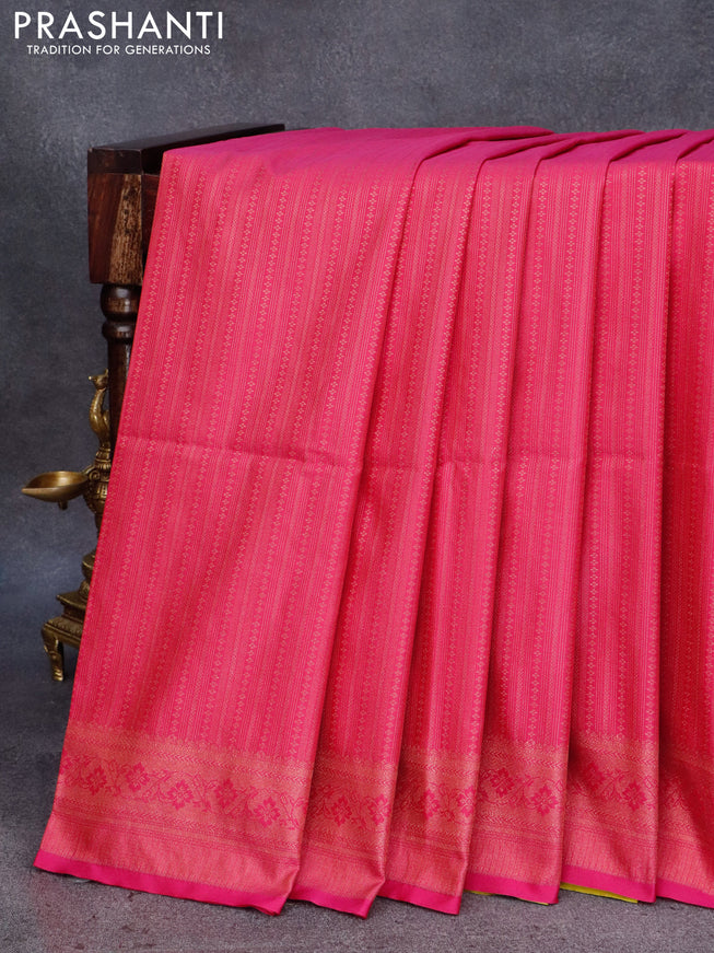 Semi soft silk saree pink and lime green with allover copper zari weaves and copper zari woven border
