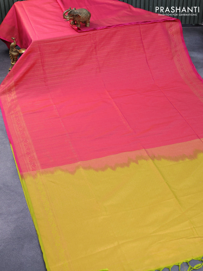 Semi soft silk saree pink and lime green with allover copper zari weaves and copper zari woven border