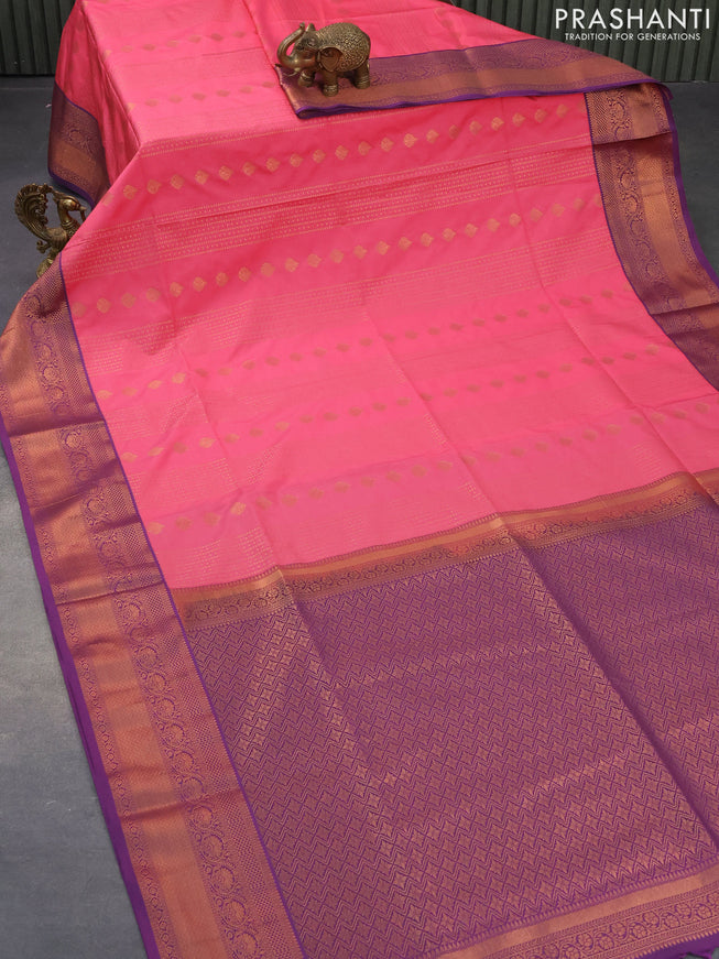 Semi soft silk saree light pink and purple with allover copper zari weaves and copper zari woven border