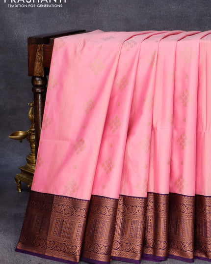 Semi soft silk saree light pink and violet with allover copper zari weaves and zari woven border