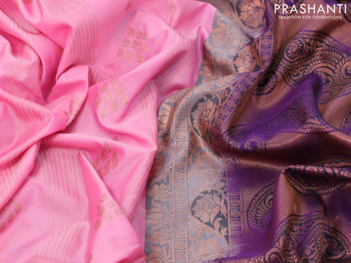 Semi soft silk saree light pink and violet with allover copper zari weaves and zari woven border