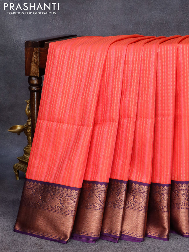 Semi soft silk saree dual shade of pinkish orange and deep violet with allover zari weaves and copper zari woven border