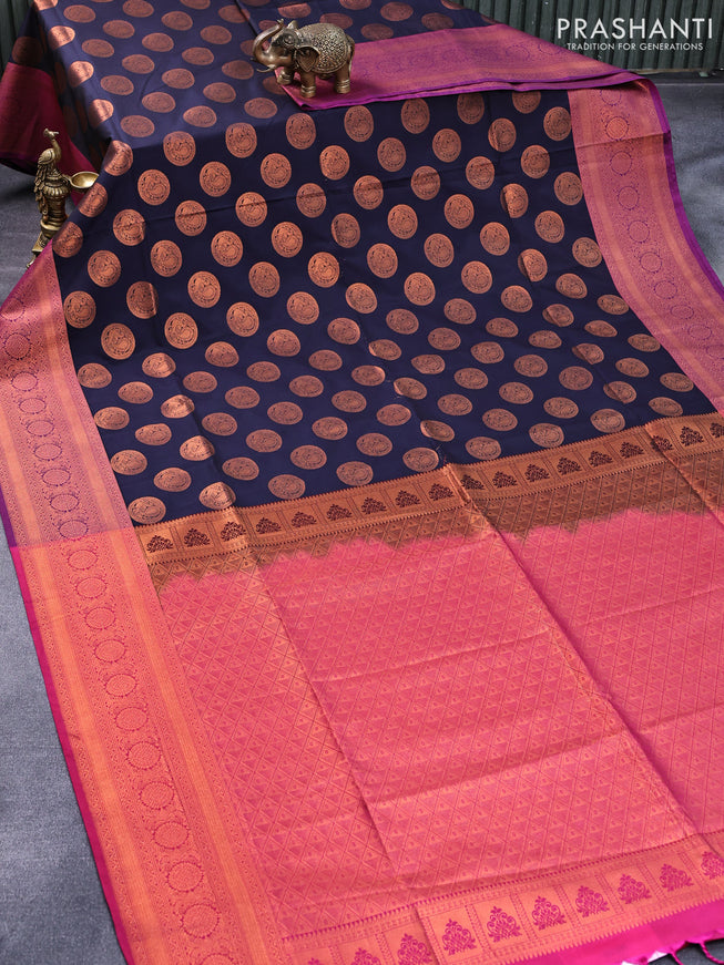 Semi soft silk saree navy blue and pink with annam zari woven buttas and copper zari woven border
