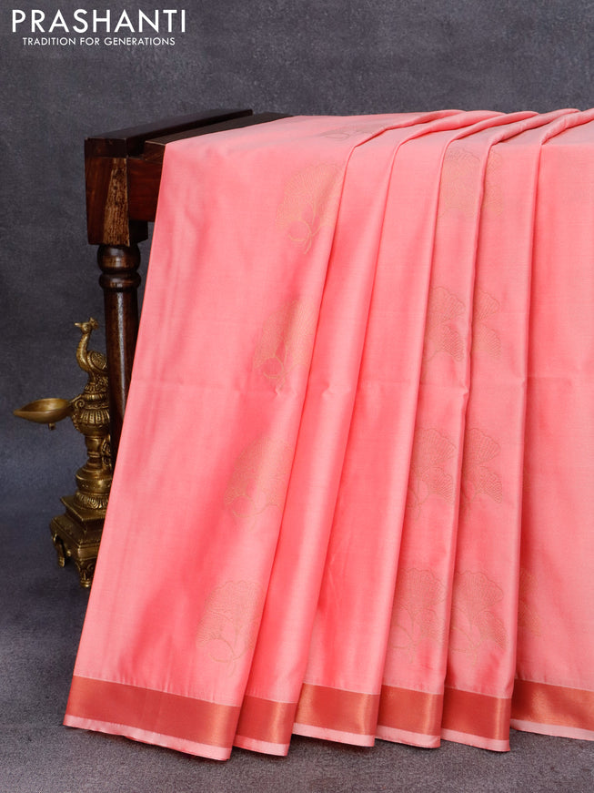 Semi soft silk saree light pink and deep violet with copper zari woven buttas and copper zari woven border
