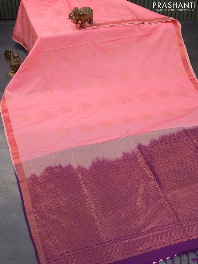 Semi soft silk saree light pink and deep violet with copper zari woven buttas and copper zari woven border