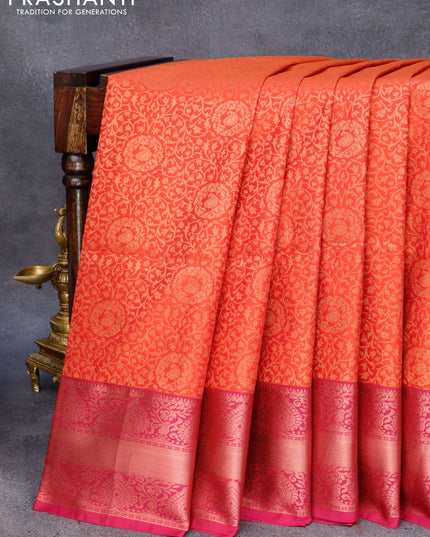 Semi soft silk saree rust shade and pink with allover zari weaves and zari woven border